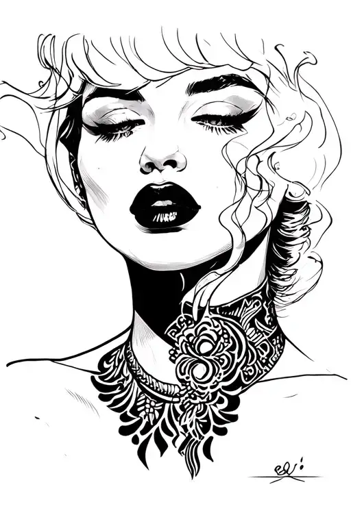 sketch of minimalistic black style neck tattoo with smoking woman in pop-art style  tattoo design idea