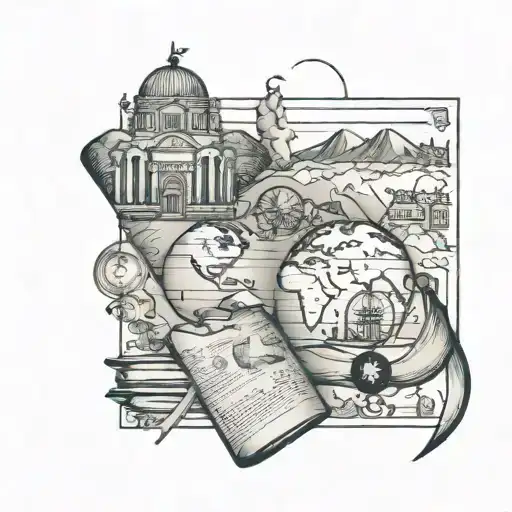 Minimalistic, fine line tattoo sleeve with focus on traveling around the world, reading fantasy books and romance. tattoo design idea