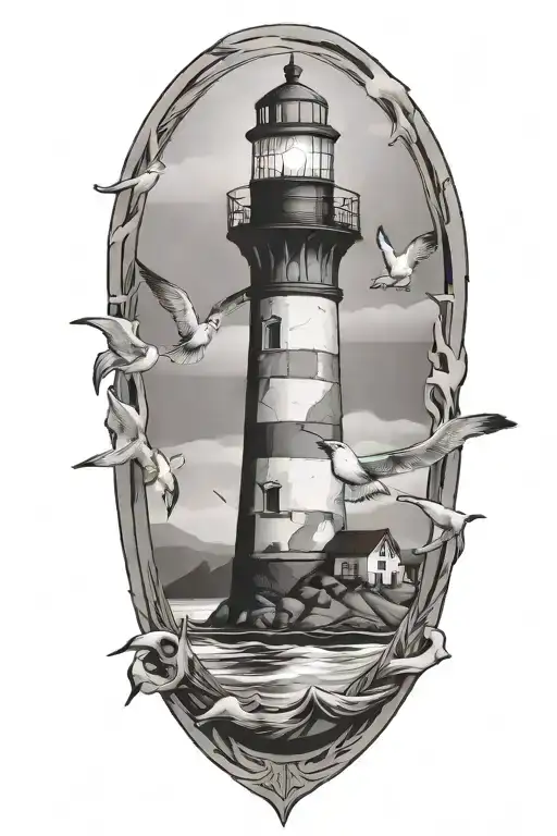lighthouse, compass, heart, calm ocean, beach, seagull tattoo design idea