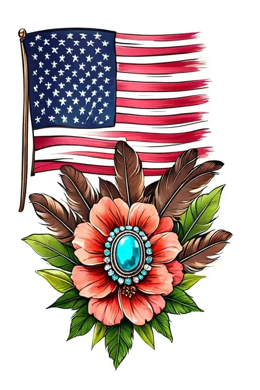 american flag and brown feathers, american flag, green leaves, one brooch turquoise jewelry, flowers, cheetah print  tattoo design idea