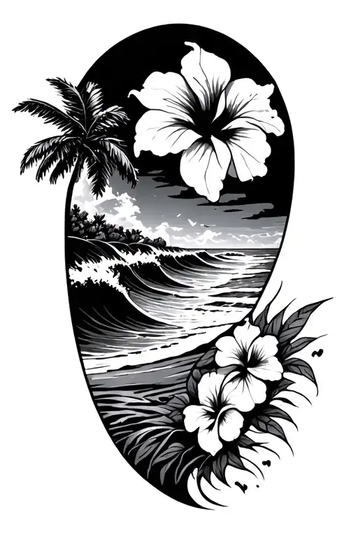 beach with ocean waves crashing with hibiscus on the right side and palm tree on the left tattoo design idea