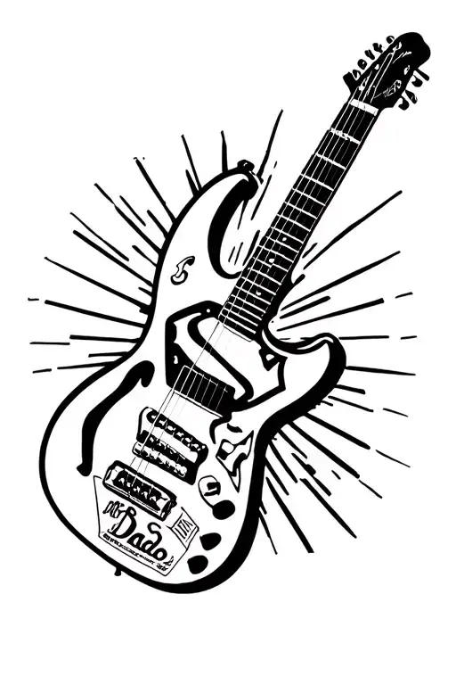 guitar. Superman logo in the center. guitar strap that says dad. a sticker on the bottom with the number 3, nascar font  tattoo design idea