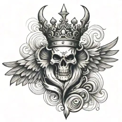 heart with wings and 3 point crown and devil tail tattoo design idea