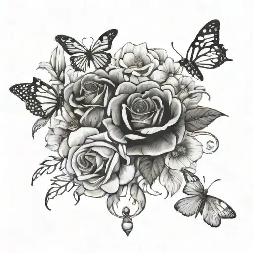 bouquet with two roses, one daffodil and one cosmos with one butterfly and one dragonfly. only four flowers   tattoo design idea