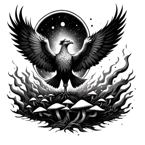 A phoenix flying out of a window into the universe, surrounded by fire. Psilocybin mushrooms growing at the bottom. Divi tattoo design idea