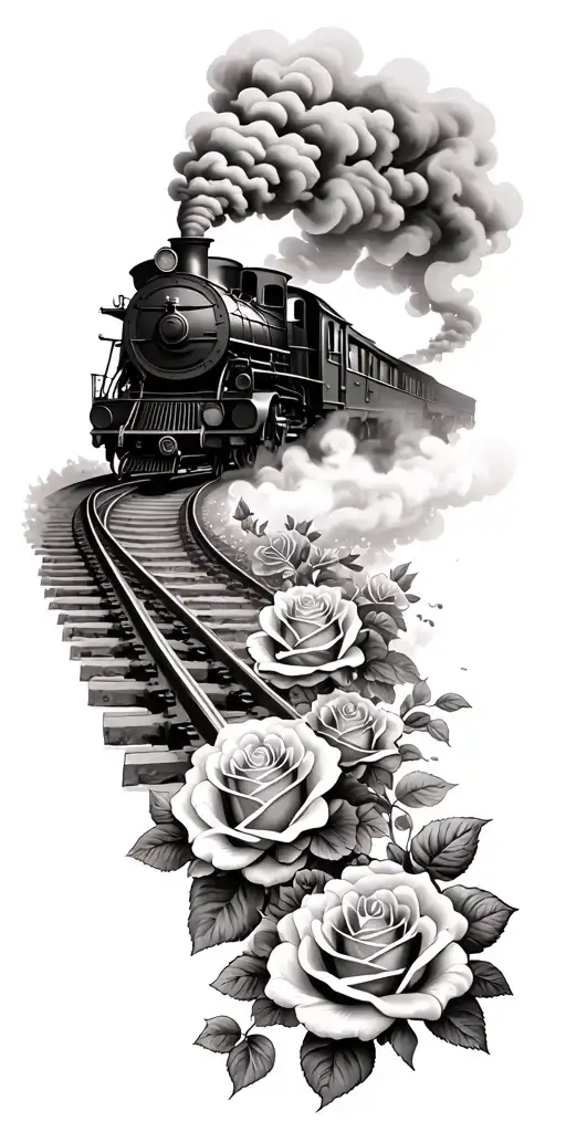 steam train Train tracks roses and smoke cards realistic tattoo design idea