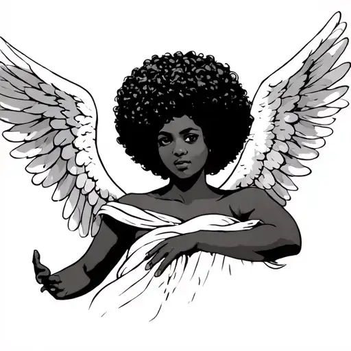 afro haired female guardian angel tattoo design idea
