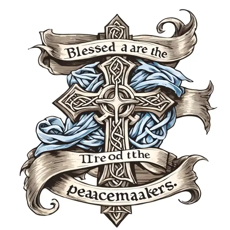 Celtic Cross with ""Blessed are the peacemakers." written on a blue sash draped  on cross. tattoo design idea