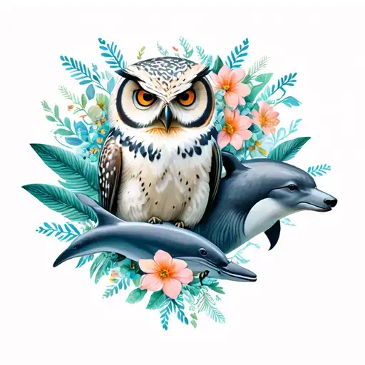 flowers mixed with owls and dolphins and polar bear tattoo design idea