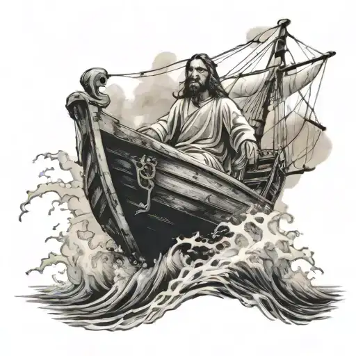 Jesus stormy boat sailing across tattoo design idea