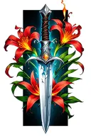 Thin divine dagger pointing down, glowing silver hilt, cracked blade, wrapped with one red spider lily, one petal fallin tattoo design idea