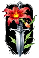 Thin divine dagger pointing down, glowing silver hilt, cracked blade, wrapped with one red spider lily, one petal fallin tattoo design idea