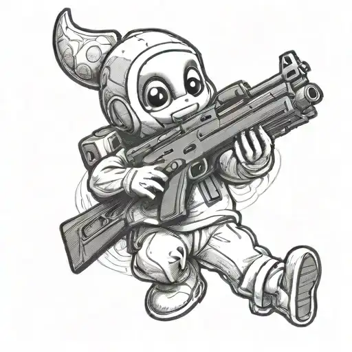 draw teletubby tattoo holding ak-47 tattoo design idea