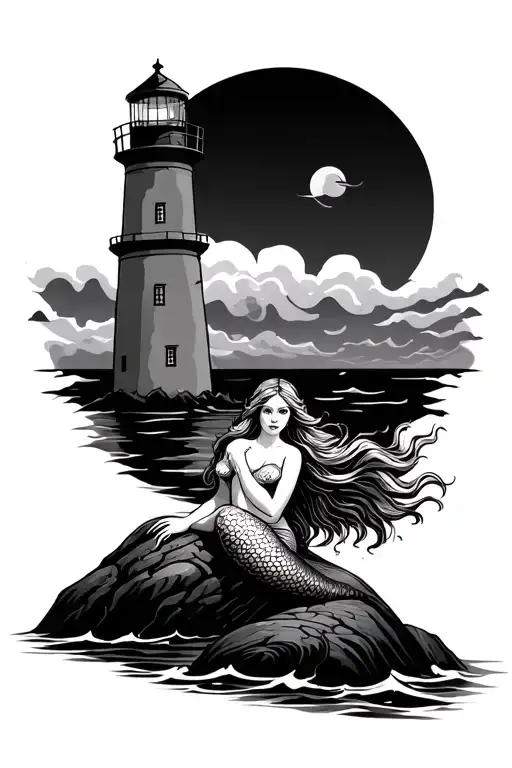 lighthouse and mermaid sitting on a rock tattoo design idea
