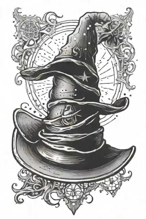 A dotwork tattoo of the Sorting Hat with a mysterious and mystical aura, symbolizing the journey of self-discovery and growth like a student at Hogwarts tattoo design idea