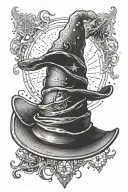 A dotwork tattoo of the Sorting Hat with a mysterious and mystical aura, symbolizing the journey of self-discovery and growth like a student at Hogwarts tattoo design idea