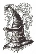 A dotwork tattoo of the Sorting Hat with a mysterious and mystical aura, symbolizing the journey of self-discovery and growth like a student at Hogwarts tattoo design idea