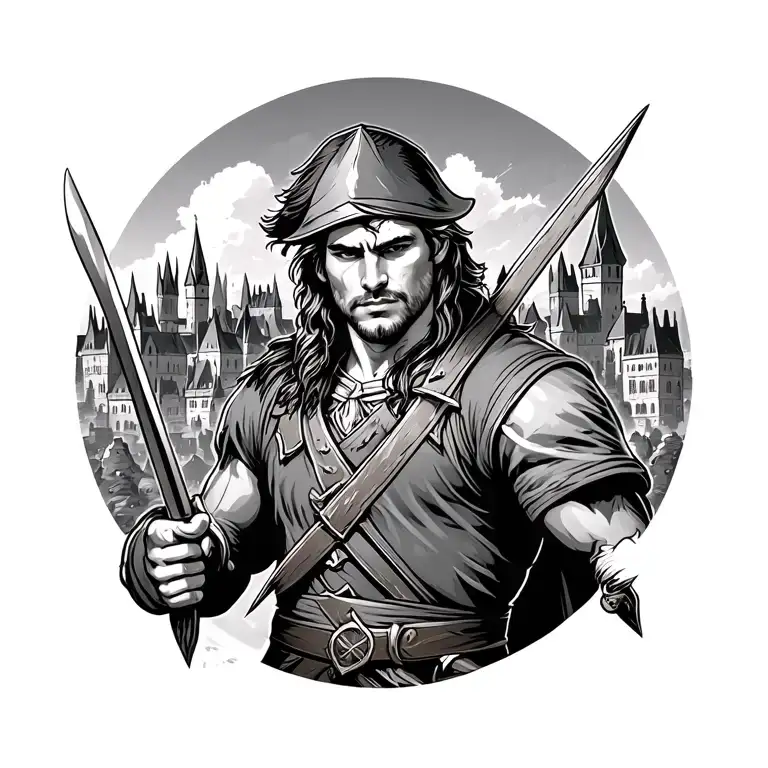 Robin Hood with Nottingham city in background tattoo design idea