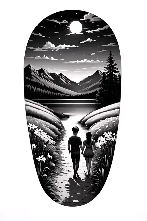 Photo Realistic Appalachian Mountain Scene With  Boy and Girl walk on a path near lake surrounded by fields of gladiolus tattoo design idea