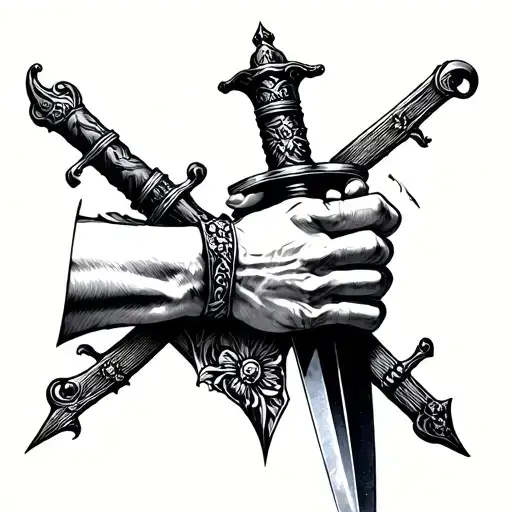 two hands clasped around a dagger. Theme of strong bond between brothers  tattoo design idea