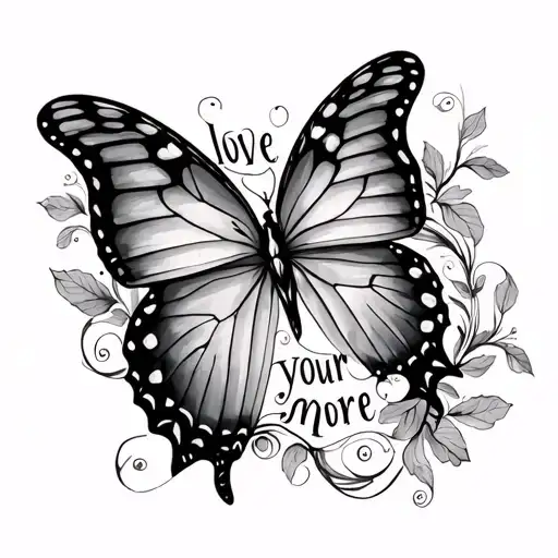 butterfly's trailing words "love your more" tattoo design idea