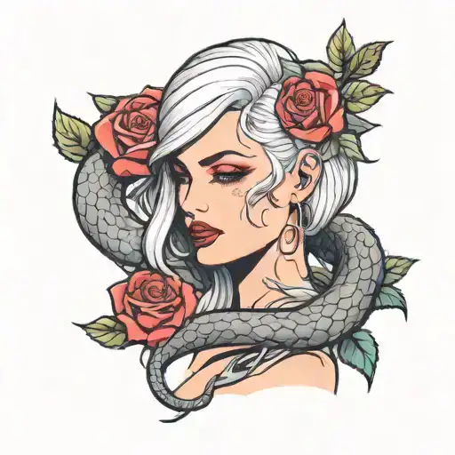 beautiful girl full face, gray hair, red lips and blush. Roses around her, snake is hiding. very bright colors tattoo design idea