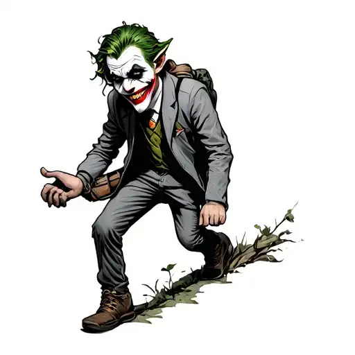 joker/elf hichhiking who's charming and cute, hitchhiking in the road tattoo design idea