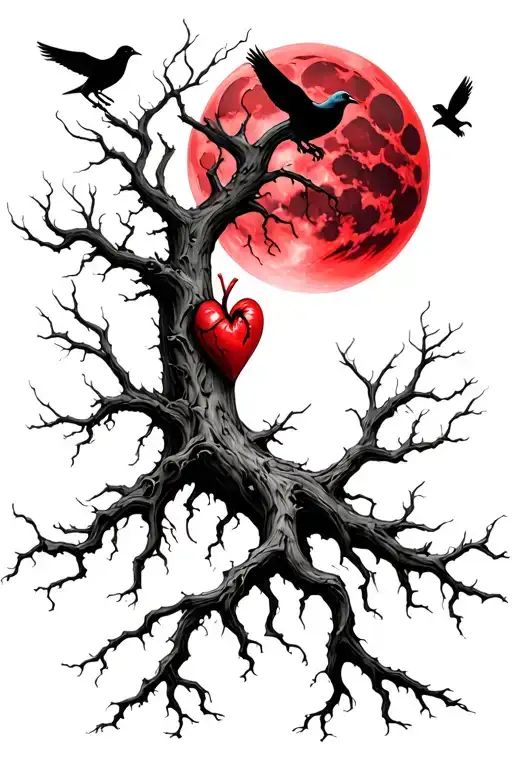 dead tree with heart at roots and crows around the branches and a red moon in the background  tattoo design idea
