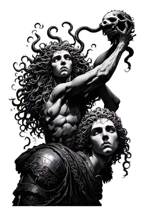 Medusa raising the severed head of Perseus being shown in the darkness by light of another soldier tattoo design idea