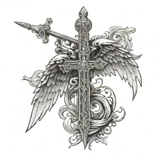 Angel wings, cross, sword, scales overlayed tattoo design idea