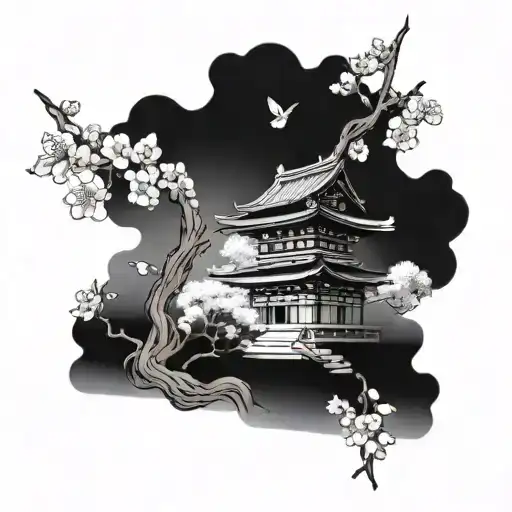 itsukushima shrine with cherry blossoms small  tattoo design idea