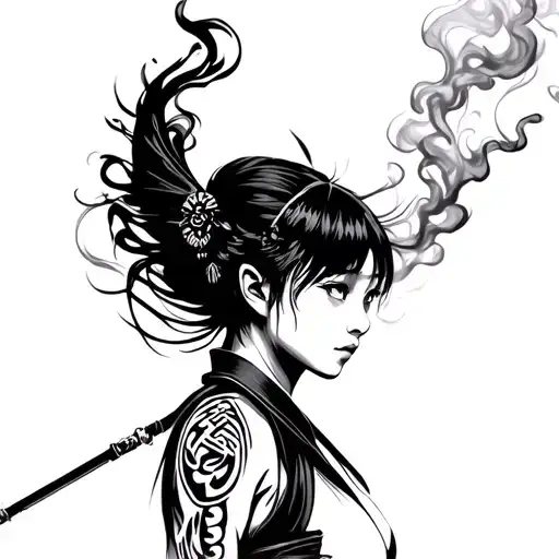 samurai girl with smoke tattoo design idea