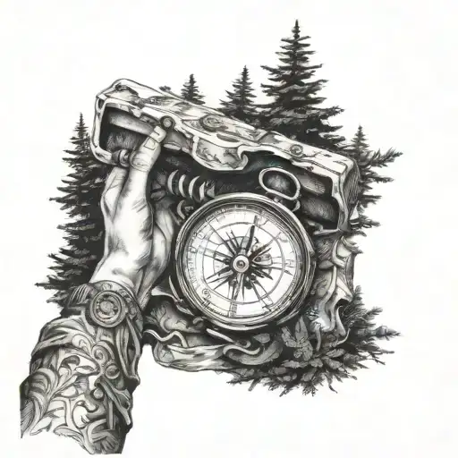 An adventurous student backpacking through a forest with a compass in hand tattoo design idea