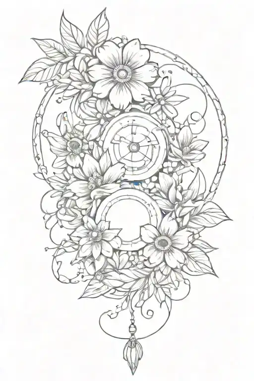 spin tattoo with flowers and small cat paw print tattoo design idea