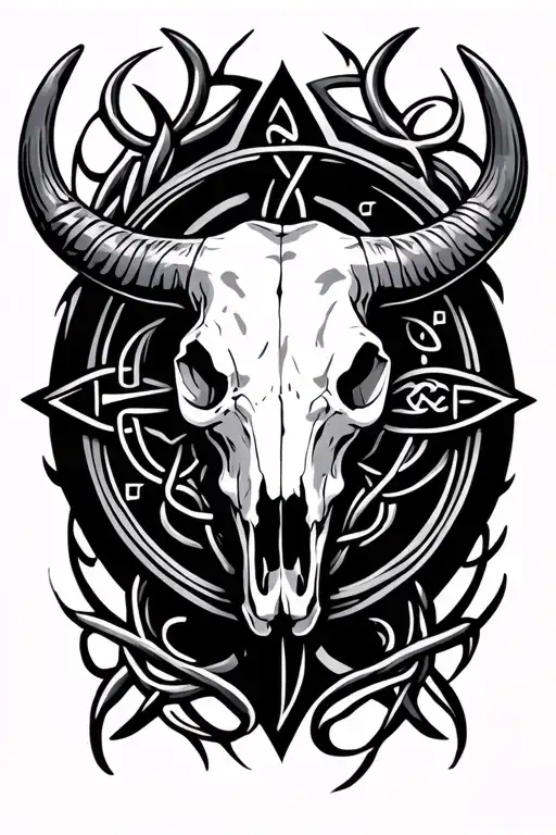 bull skull, cancer zodiac sign, celtic cross tattoo design idea