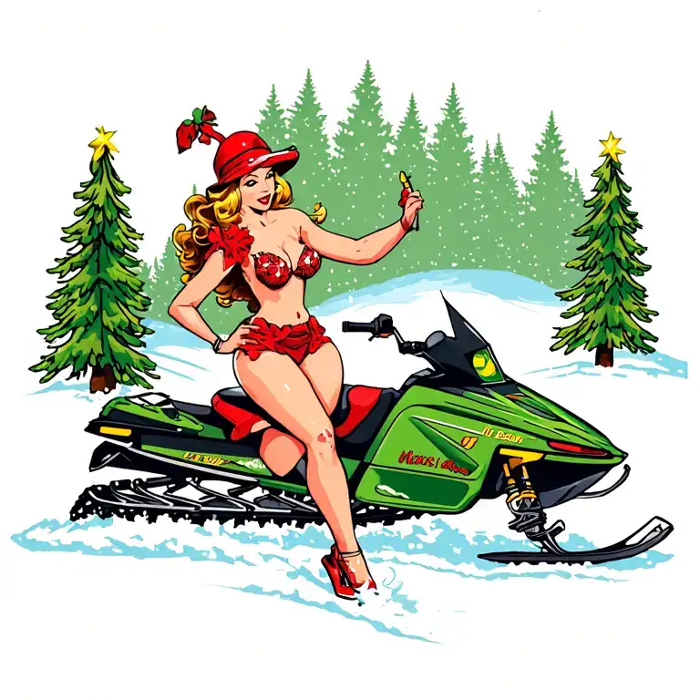  pinup wife pine tree riding snowmobile tattoo design idea