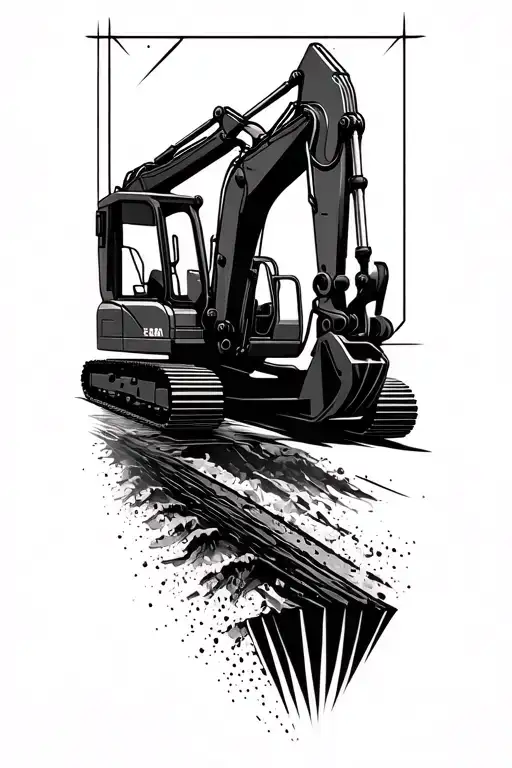 A geometric design of an excavator in motion, with sharp angles and clean lines to represent precision and efficiency in construction work tattoo design idea