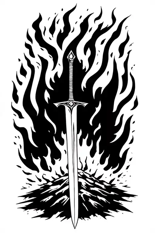 bonfire with sword in the middle of the fire  tattoo design idea