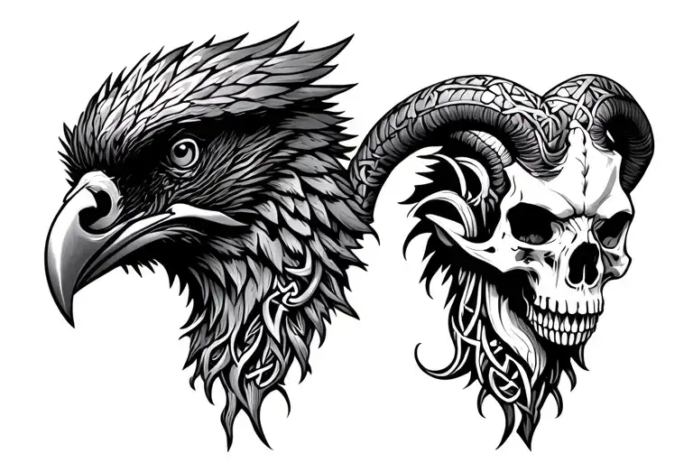 Celtic tree of life .a Celtic raven head on the left .a Celtic ram head on the right location of the skull tattoo design idea