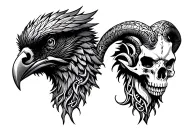 Celtic tree of life .a Celtic raven head on the left .a Celtic ram head on the right location of the skull tattoo design idea
