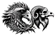 Celtic tree of life .a Celtic raven head on the left .a Celtic ram head on the right location of the skull tattoo design idea