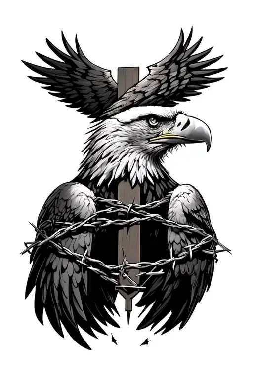 cross with eagle face in it wrapped in barbed wire tattoo design idea