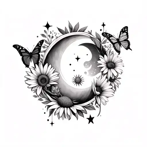 Gothic Forearm tattoo with butterflies and daisies with moon and stars tattoo design idea