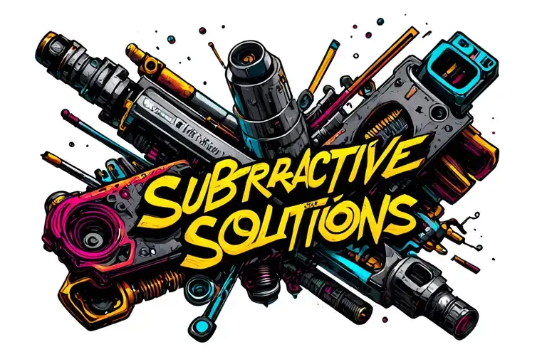 Word 'Subtractive Solutions' mixed with multiple colors of mechanical things. tattoo design idea
