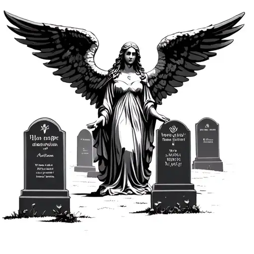 a black weeping angel on several graves  tattoo design idea