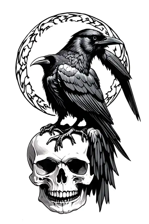 raven sitting on a skull, Grim Reaper tattoo design idea