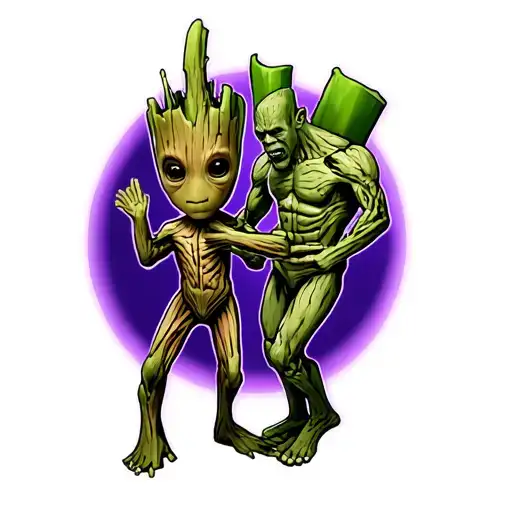 baby groot playing standing with drax standing in front of a purple light tattoo design idea