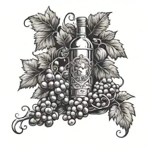 God Dionysus a bunch of grapes and a bottle of wine tattoo design idea