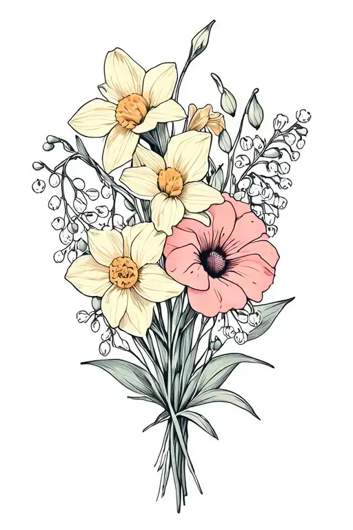 bouquet with daffodil, daisy, lily of the valley, gladiolus, morning glory, marigold, and peony tattoo design idea