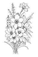 bouquet with daffodil, daisy, lily of the valley, gladiolus, morning glory, marigold, and peony tattoo design idea